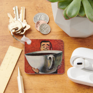Vintage Happy Man Drinking Giant Cup of Coffee Keychain