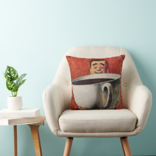 Vintage Happy Man Drinking Giant Cup of Coffee Throw Pillow