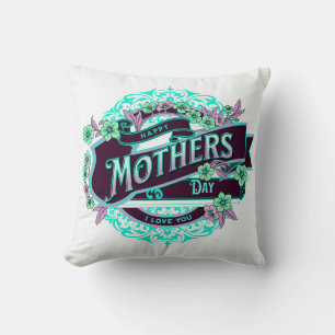 Vintage Happy Mother's Day Green Purple Floral Throw Pillow