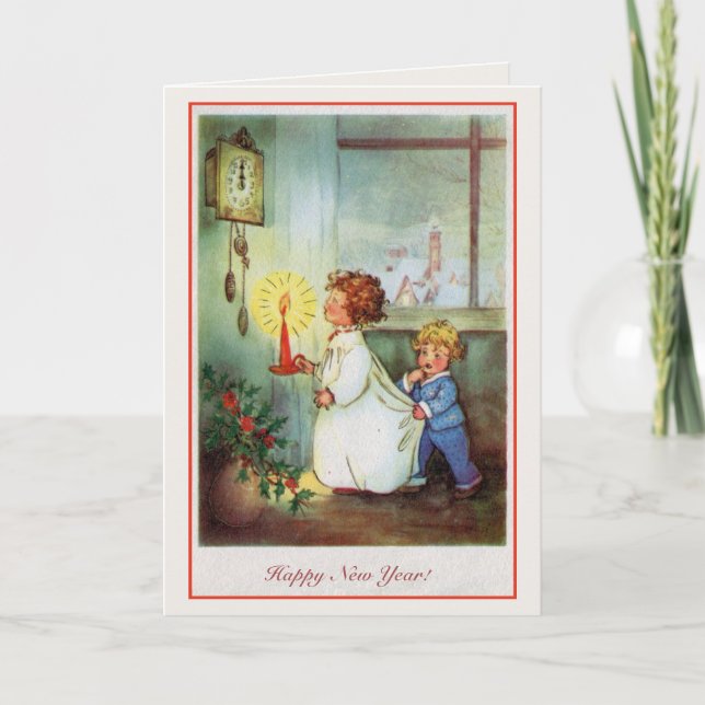 Vintage Happy New Year children clock Holiday Card (Front)