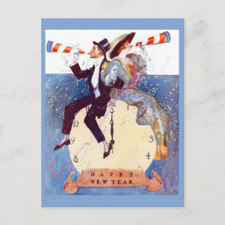 Vintage Happy New Year Clock Couple Postcard