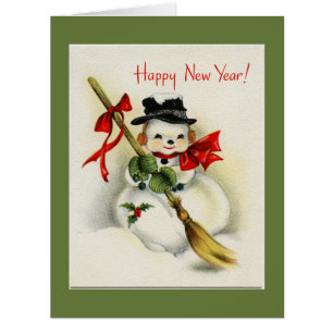 Vintage Happy New Year Snowman Green BIG Card