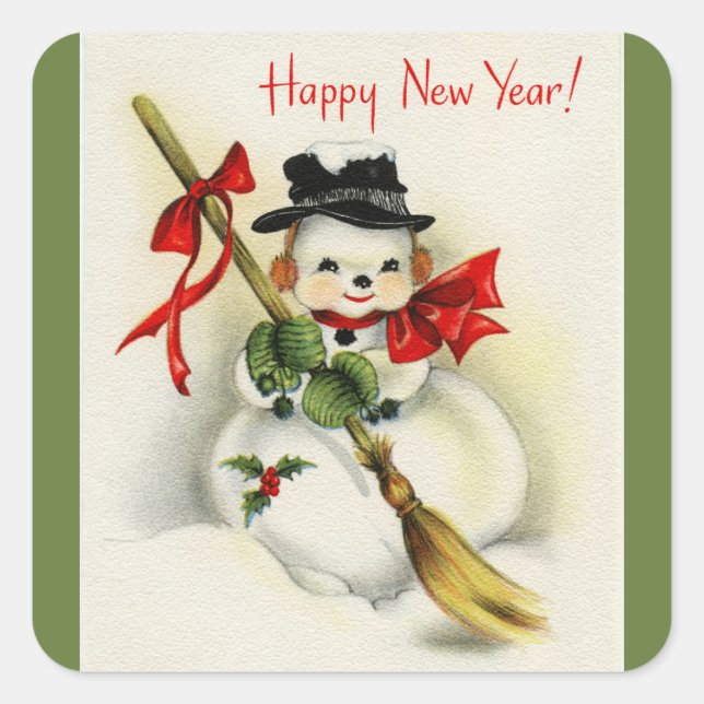 Vintage Happy New Year Snowman Green Square Sticker (Front)