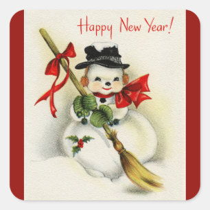 Vintage Happy New Year Snowman Red Square Sticker