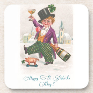 Vintage Happy St Patricks Day Shamrock Champagne Coaster