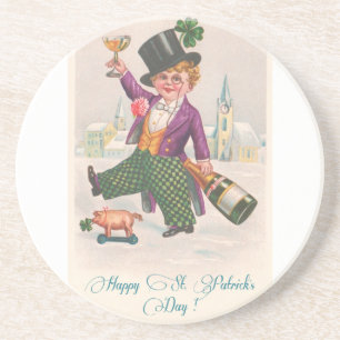 Vintage Happy St Patricks Day Shamrock Champagne Coaster