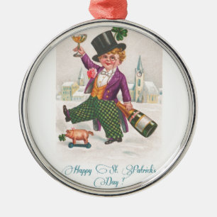 Vintage Happy St Patricks Day Shamrock Champagne Metal Ornament