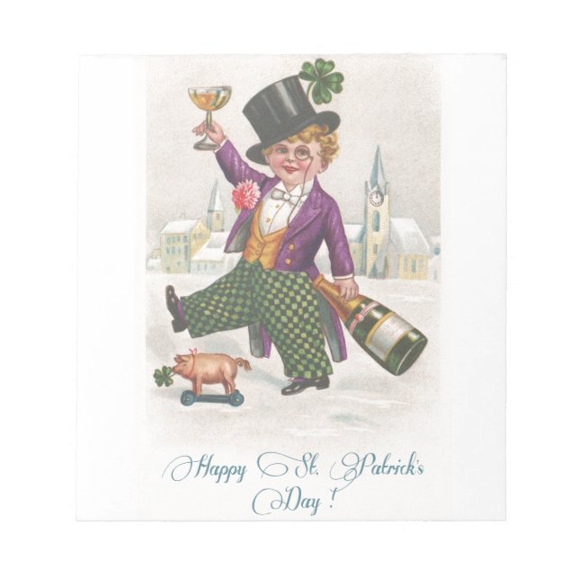 Vintage Happy St Patricks Day Shamrock Champagne Notepad (Front)