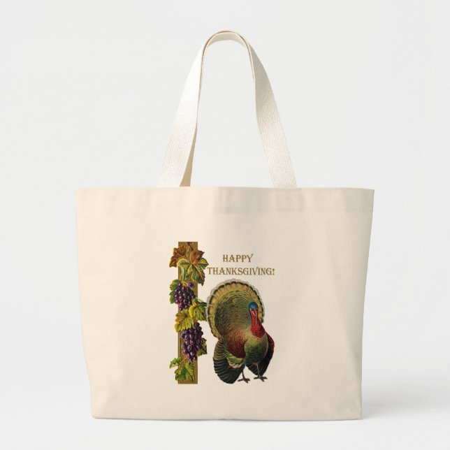 Vintage Happy Thanksgiving Turkey Large Tote Bag (Front)