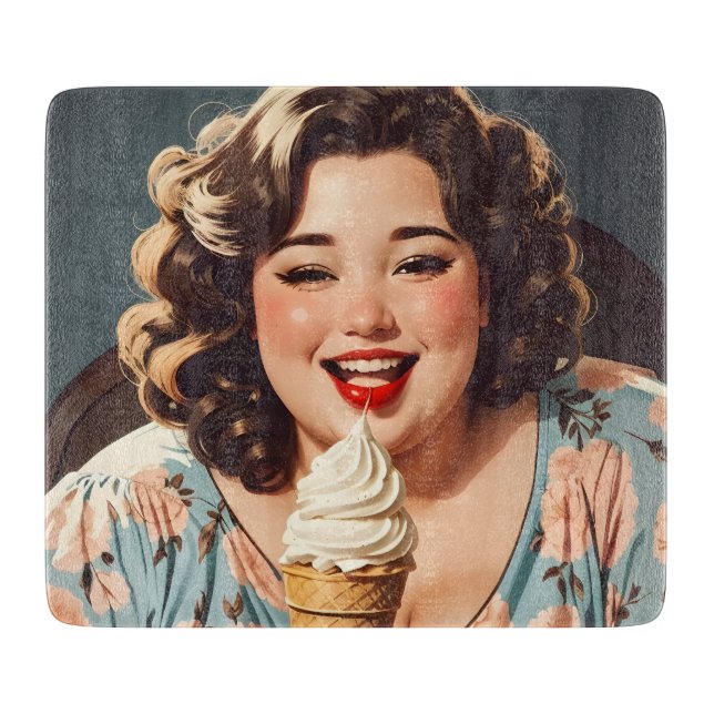 Vintage Happy Woman Eating Ice Cream Cutting Board (Front)