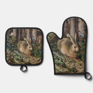 Vintage Hare Woodland Nature Dark Cottagecore Oven Mitt & Pot Holder Set