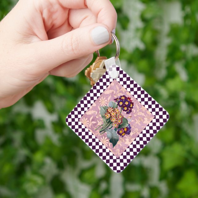Vintage Harlequin Garden Flower Panel  Keychain (Hand)