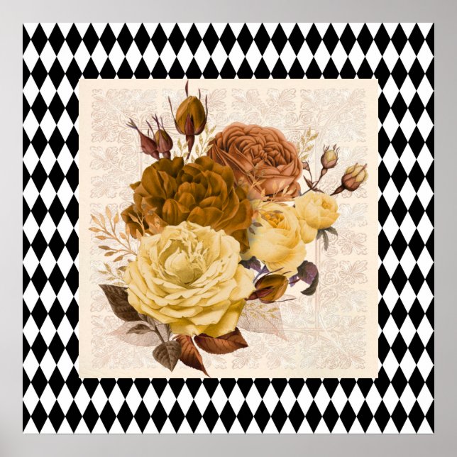 Vintage Harlequin Garden Roses  Poster (Front)