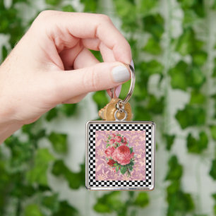 Vintage Harlequin Pink Roses  Keychain