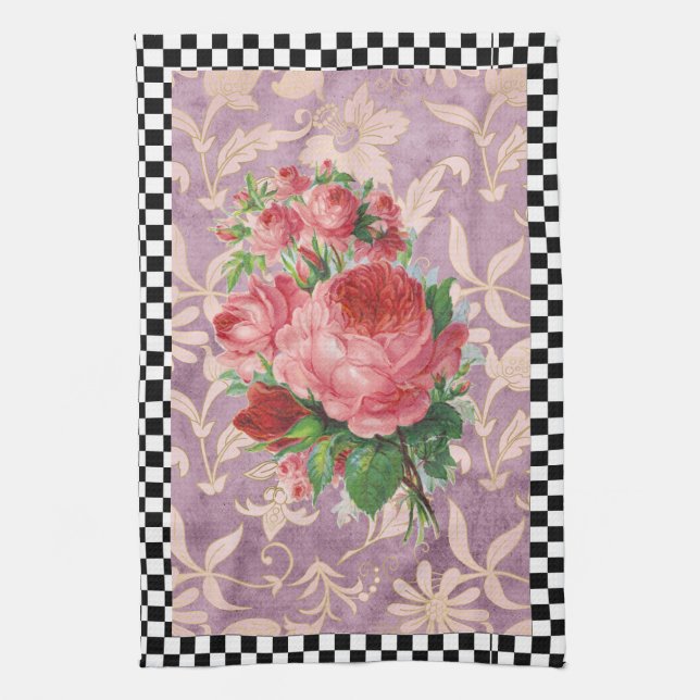 Vintage Harlequin Pink Roses Kitchen Towel (Vertical)