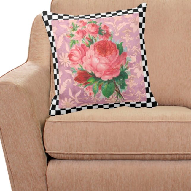 Vintage Harlequin Pink Roses Throw Pillow (Creator Uploaded)