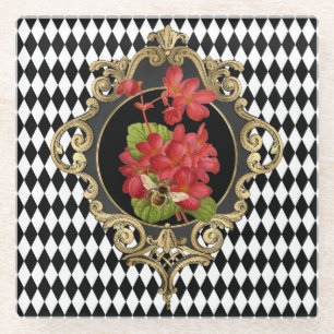 Vintage Harlequin Red Begonias Glass Coaster
