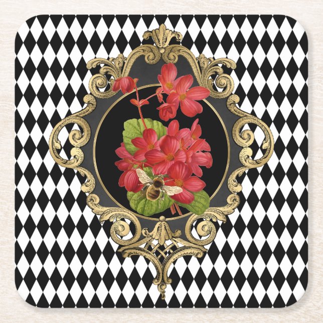Vintage Harlequin Red Begonias Square Paper Coaster (Front)