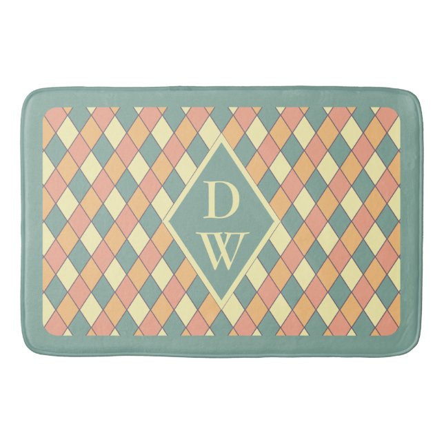 Vintage Harlequine Diagonal in Pastels Monogram Bath Mat (Front)