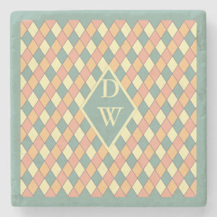 Vintage Harlequine Diagonal in Pastels Monogram Stone Coaster