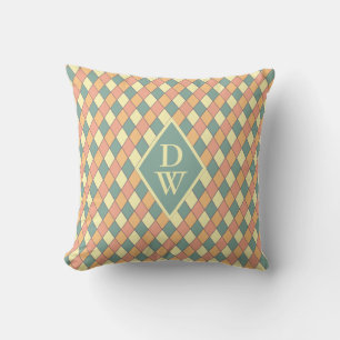 Vintage Harlequine Diagonal in Pastels Monogram Throw Pillow