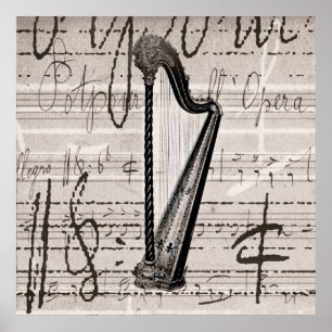 Vintage Harp and Antique Music Collage Customized Poster