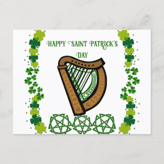 Vintage Harp Saint Patrick's Day Shamrock Celtic Holiday Postcard