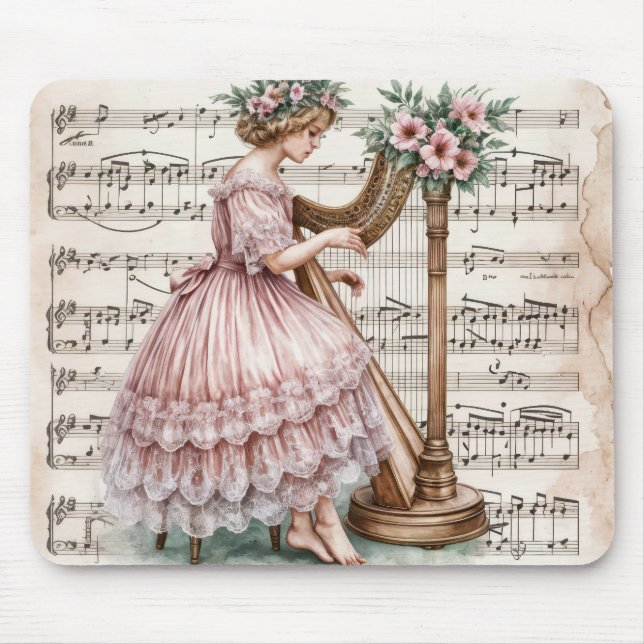 Vintage Harpist On Sheet Music Mouse Pad (Front)