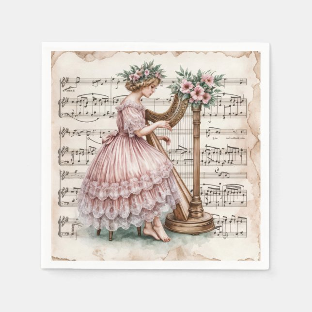 Vintage Harpist On Sheet Music Napkin (Front)