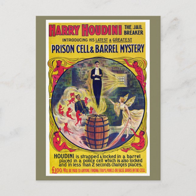 Vintage Harry Houdini Prison Cell & Barrel Mystery Postcard (Front)