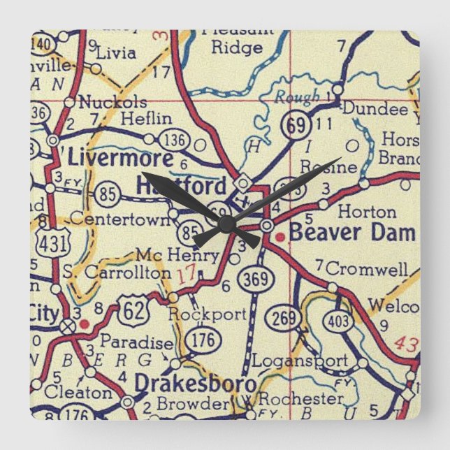 Vintage Hartford KY Map Square Wall Clock (Front)