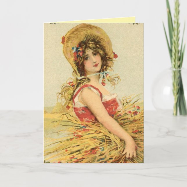 Vintage Harvest Woman Greeting Card (Front)