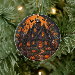 Vintage Haunted Cottage Gothic Halloween Moonlight Ceramic Ornament