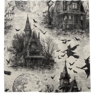 Vintage Haunted House and Witch Toile Pattern