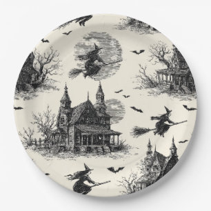 Vintage Haunted House and Witch Toile Pattern (2) Paper Plate