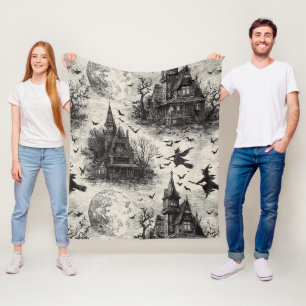 Vintage Haunted House and Witch Toile Pattern Fleece Blanket