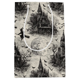 Vintage Haunted House and Witch Toile Pattern Medium Gift Bag
