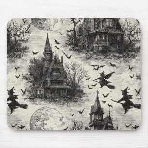 Vintage Haunted House and Witch Toile Pattern Mouse Pad