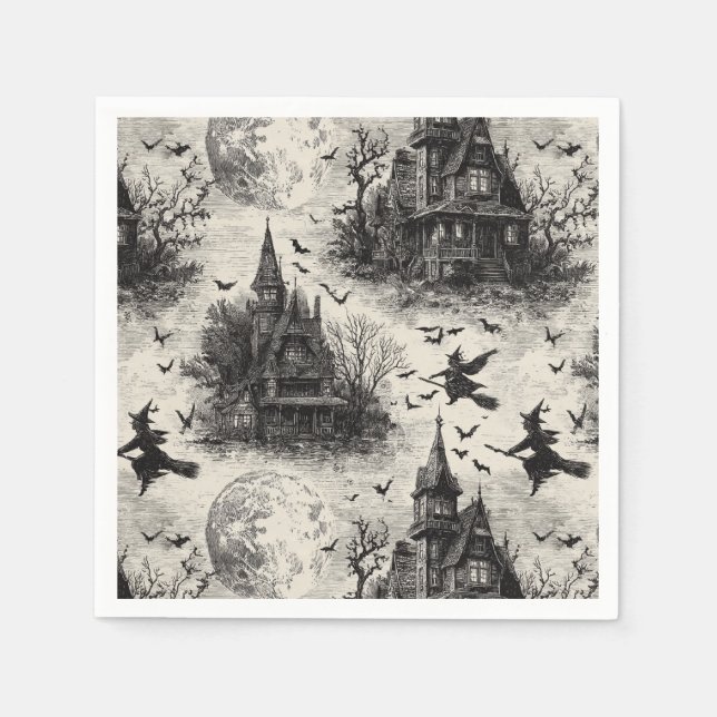 Vintage Haunted House and Witch Toile Pattern Napkin (Front)