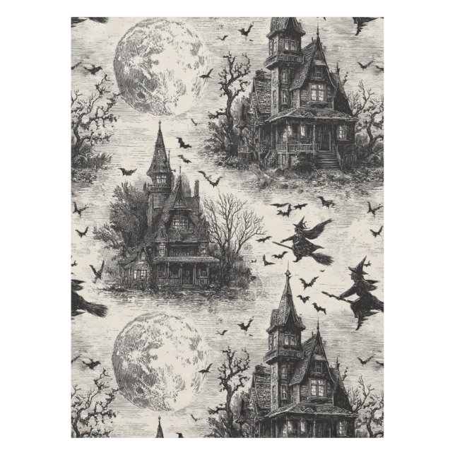 Vintage Haunted House and Witch Toile Pattern Tablecloth (Front)
