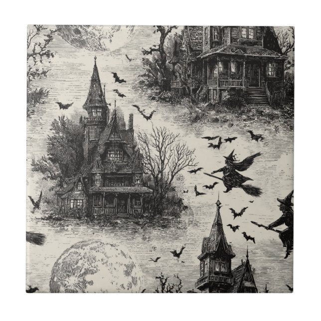 Vintage Haunted House and Witch Toile Pattern Tile (Front)