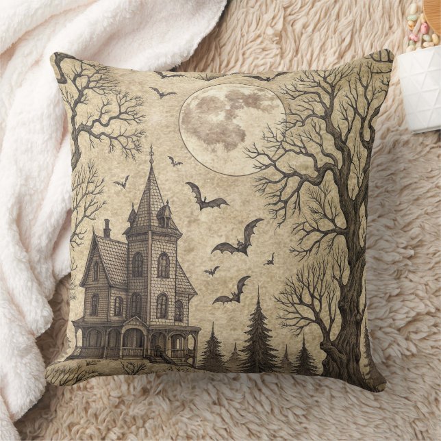 Vintage Haunted House & Full Moon Throw Pillow (Blanket)