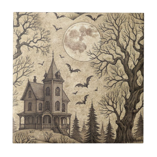Vintage Haunted House & Full Moon Tile (Front)