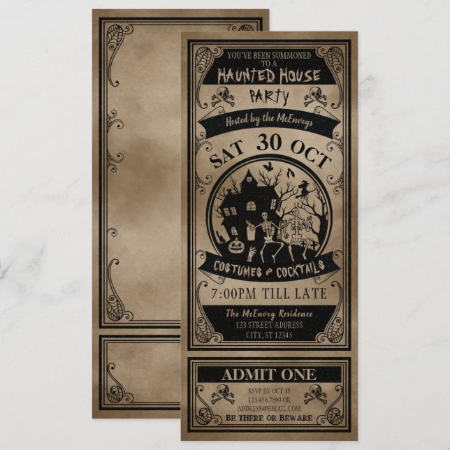 Vintage Haunted House Halloween Party Ticket Invitation (Front/Back)