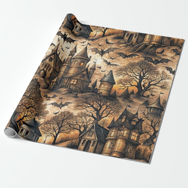 Vintage Haunted House Wrapping Paper (Unrolled)