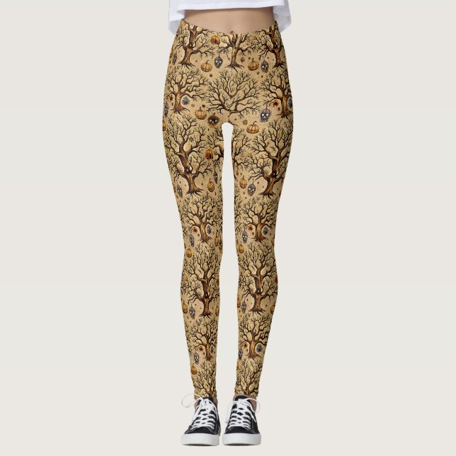 Vintage Haunted Trees & Pumpkin Lanterns Pattern Leggings (Front)