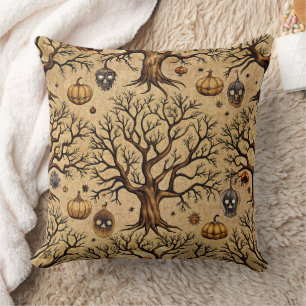 Vintage Haunted Trees & Pumpkin Lanterns Pattern Throw Pillow