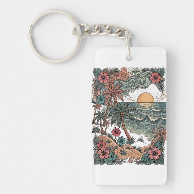 Vintage Hawaii Sunset & Palm Trees Keychain (Front)