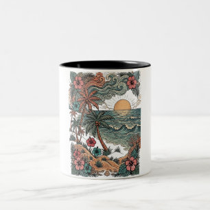 Vintage Hawaii Sunset & Palm Trees Two-Tone Coffee Mug
