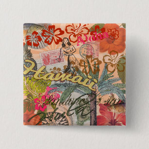 Vintage Hawaii Travel Colourful Hawaiian Tropical 2 Inch Square Button